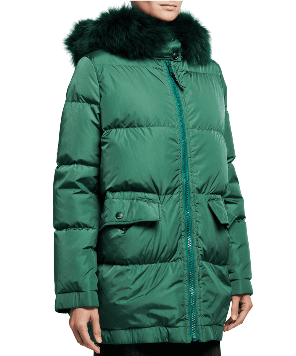 green puffer jacket with fur hood