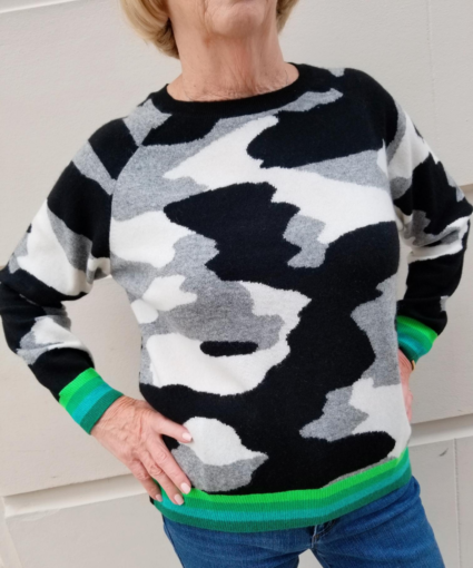 Kelly Camo Sweater Black White Grey Green Stripe Brodie Cashmere