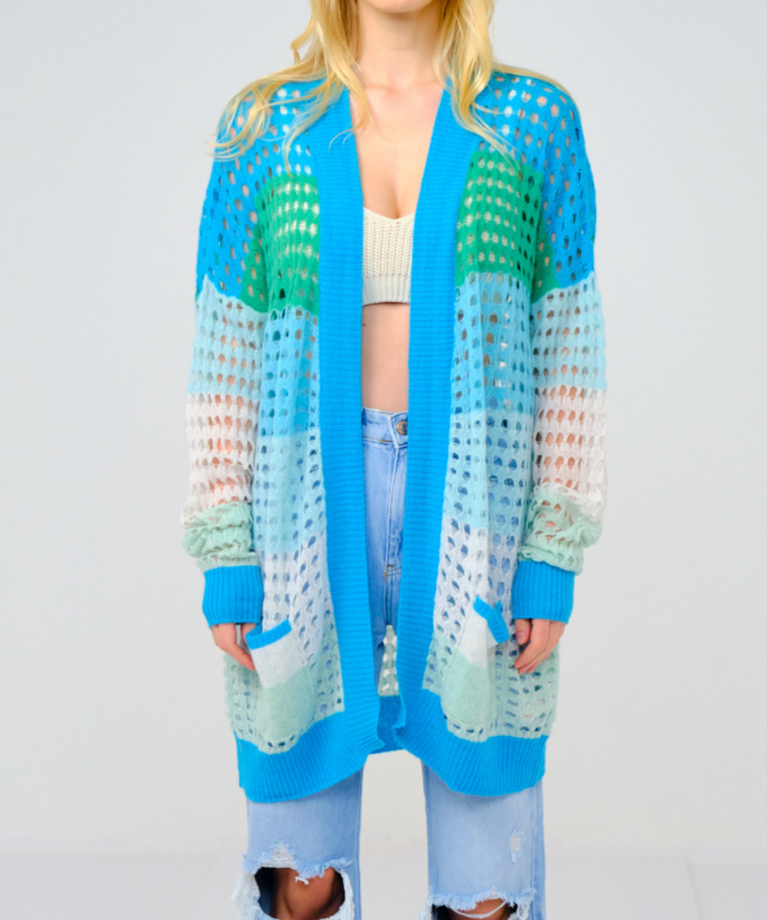 sunset pointelle cardi turquoise blue green light blue white brodie cashmere