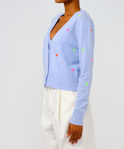 Little Heart Embroidered Cardi Blue Mist Neon Multi Brodie Cashmere Side