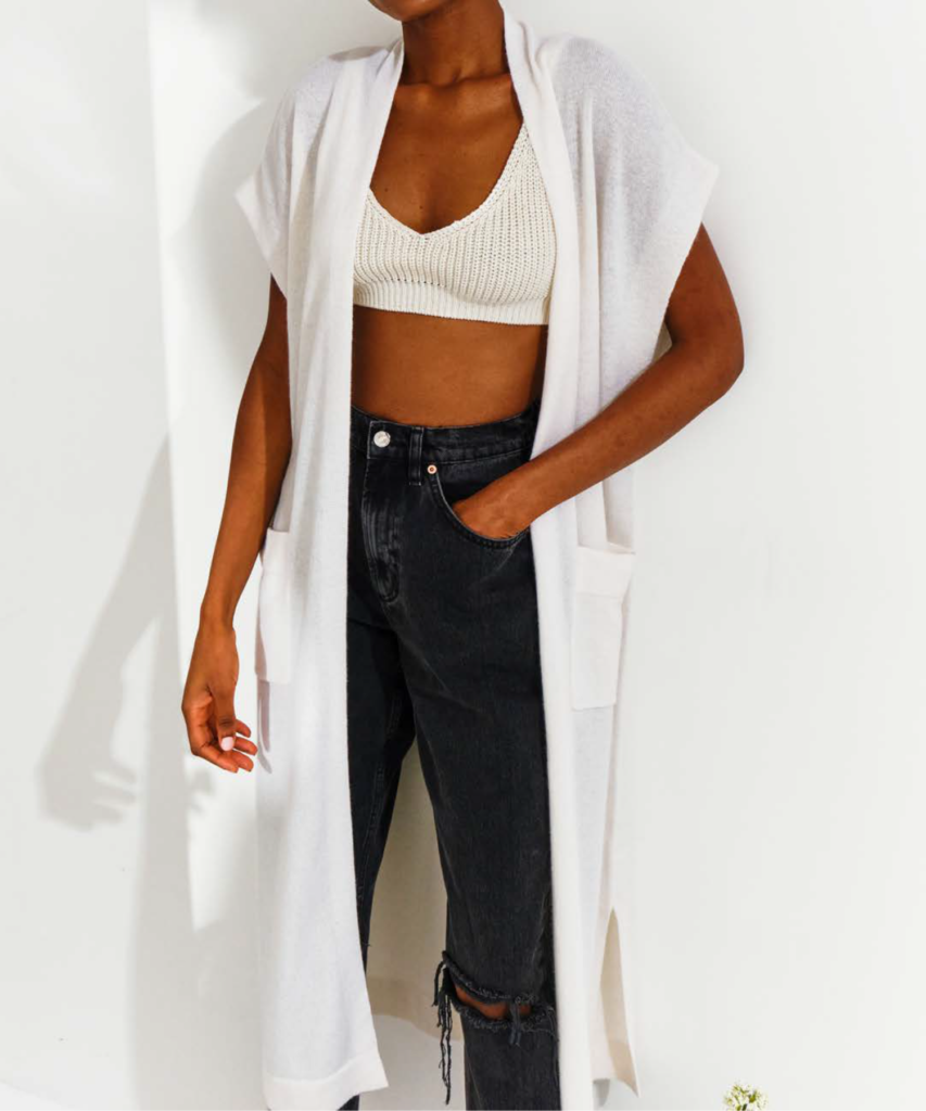 luxe longline sleeveless cardigan duster organic white brodie casmere