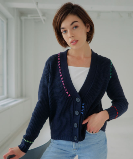 Shaker V Neck Cardigan with X Embroidery Navy Multi Autumn Cashmere