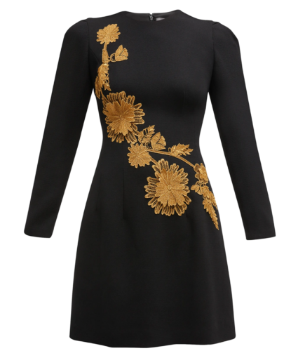 Holly Floral Lace-Trim Fit-&-Flare Dress Black Gold Lela Rose