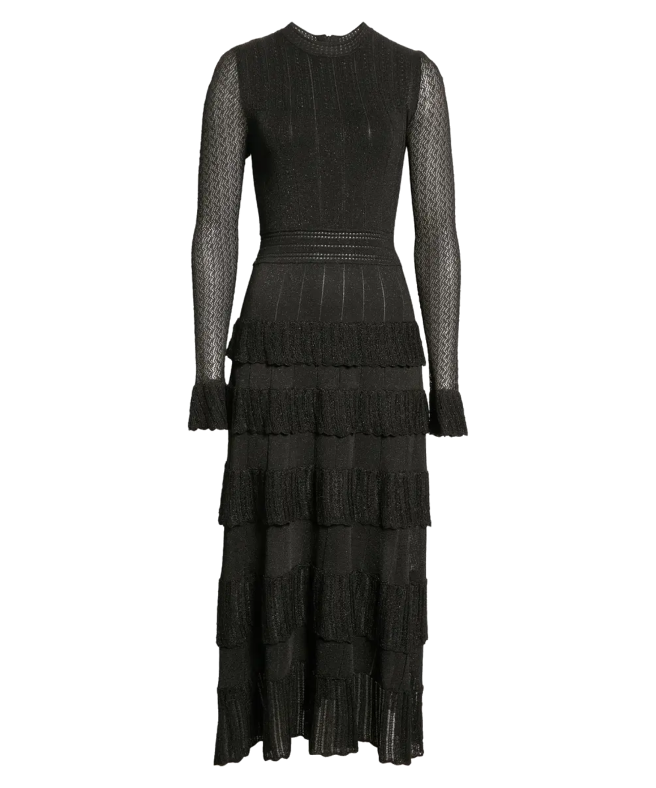 Lela Rose Black Knit Tiered Ruffle Midi Dress